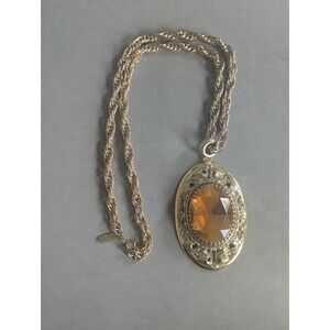 Vintage Whiting & Davis Amber Glass Pendant Necklace Gold Tone Boxed